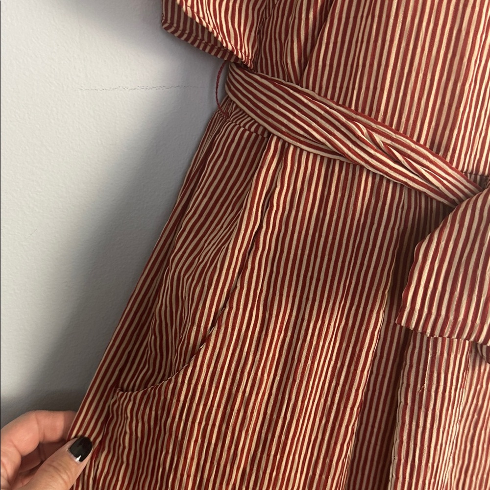 Anthropologie Eva Franco Ruffle Striped Jumpsuit in Terracotta Small Pockets - Picture 7 of 16